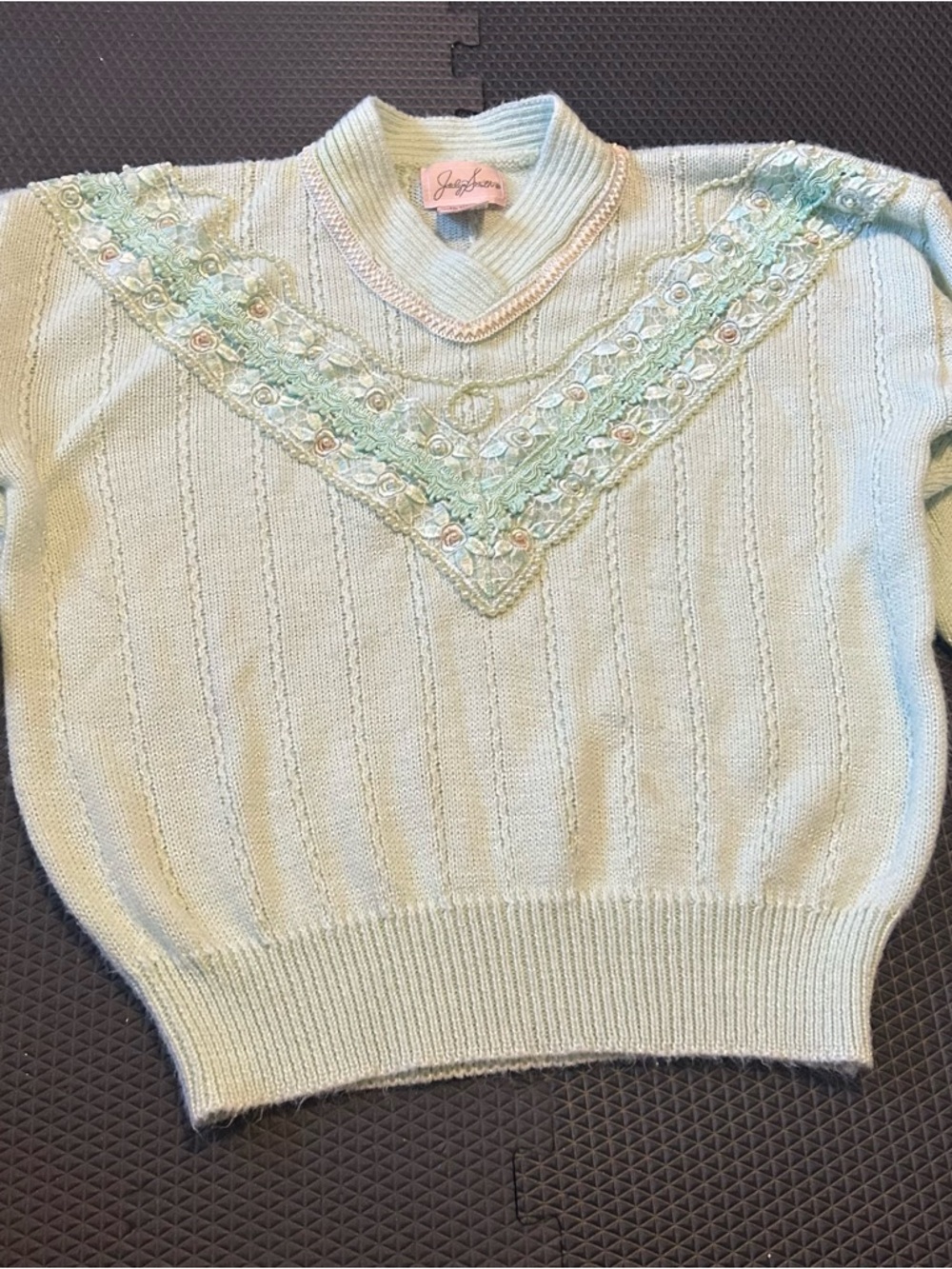 Jaclyn Smith Mint V-Neck Sweater with Embroidered Yoke